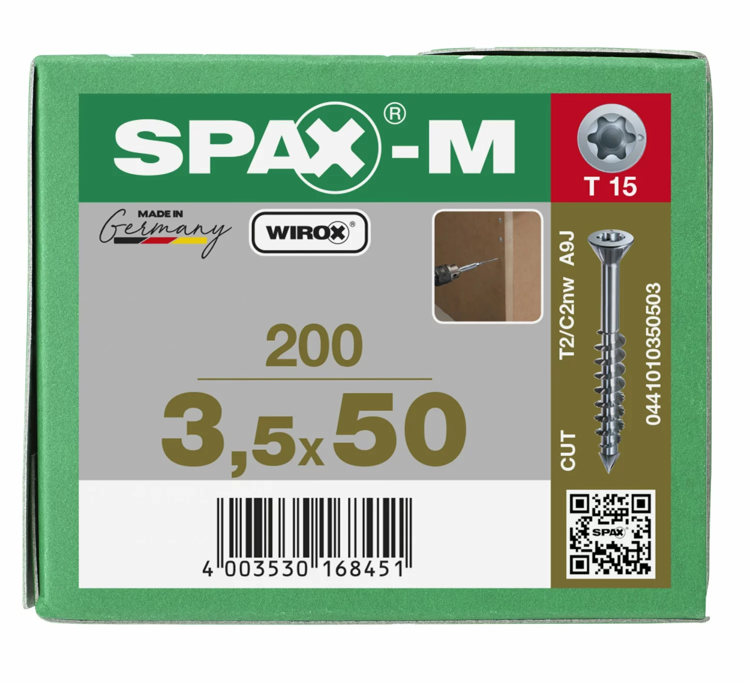 SPAX 441010350503 - SPAX-M, 3,5 x 50 mm, 200 pièces, Filetage partiel, Tête fraisée, T-STAR plus T15, Pointe CUT, WIROX-image