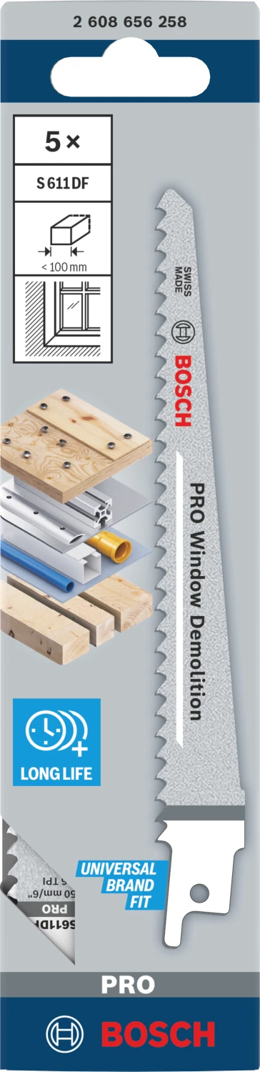 Bosch PRO S611DF Lame de scie sabre pour démolition de fenêtres - 150 mm - bois/aluminium (5 pièces)-image