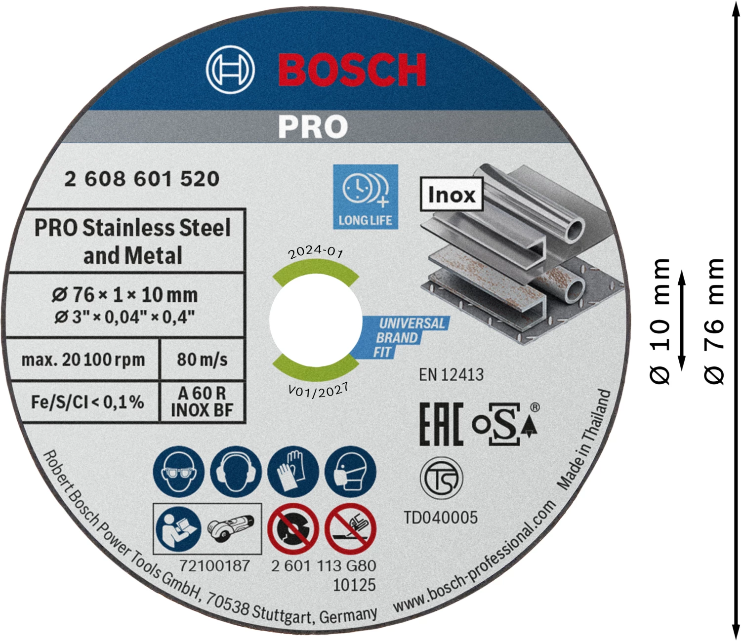 Bosch 2608601520 - Disque à tronçonner Expert for Inox A 60 R, 76 x 1 x 10 mm 5 pieces-image