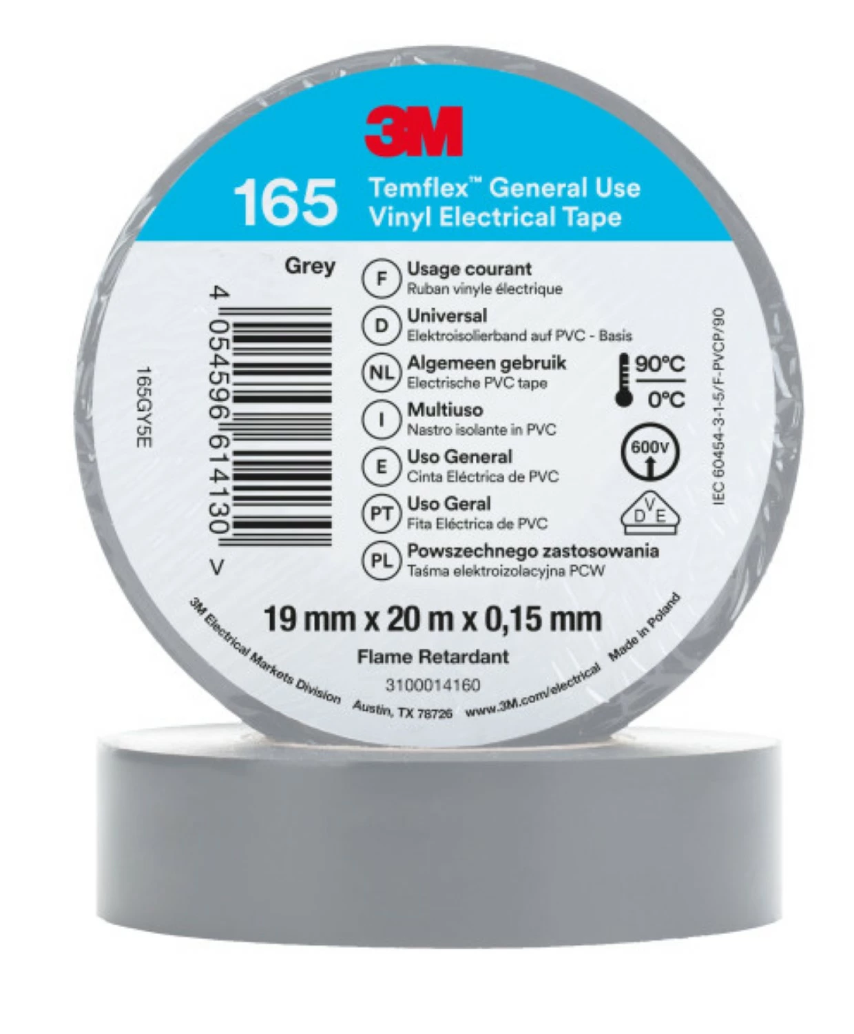 3M 165 Ruban isolant en vinyle Temflex Gris - 20 m x 19 mm-image