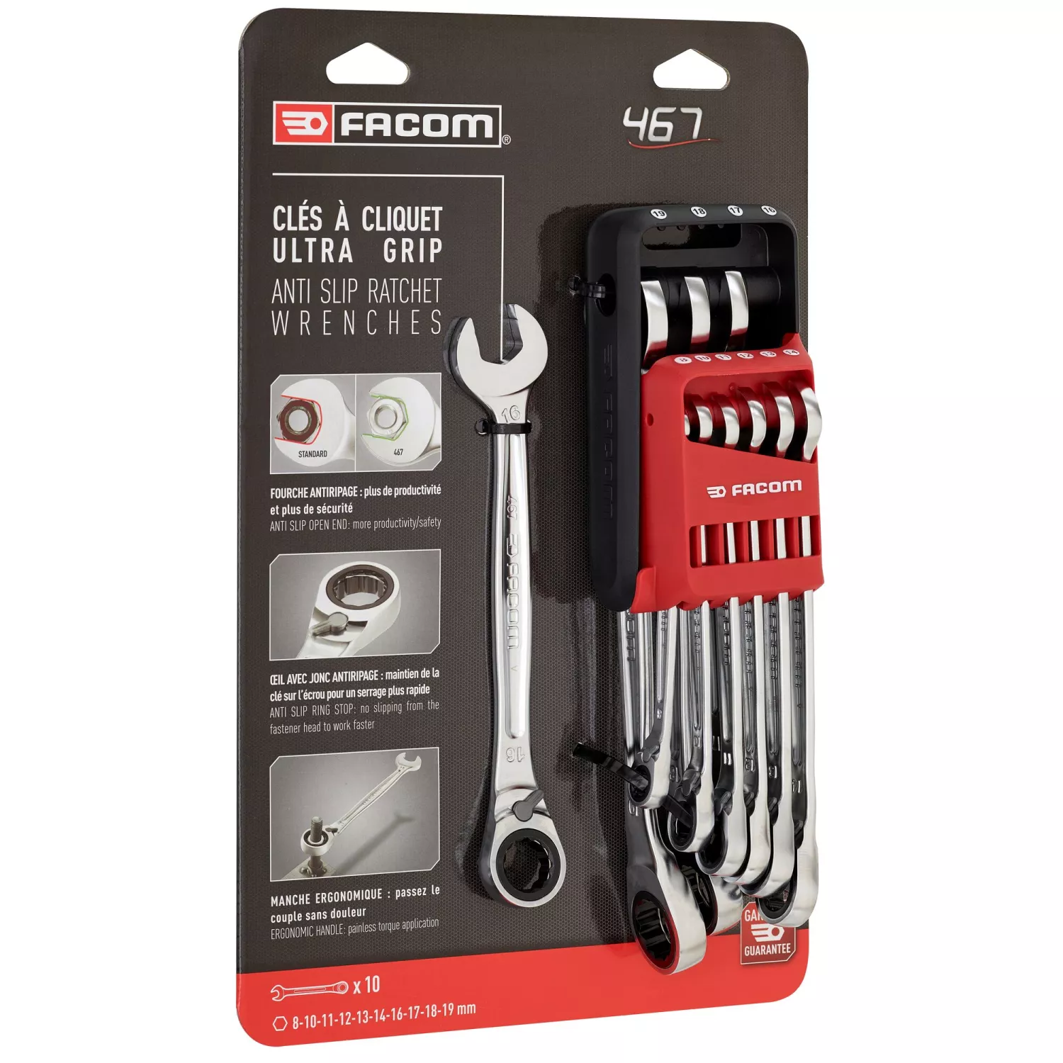 Facom 467B.JP10PB jeu de 10 clés mixtes à cliquet en support - métrique - 8-19 mm - antidérapant
