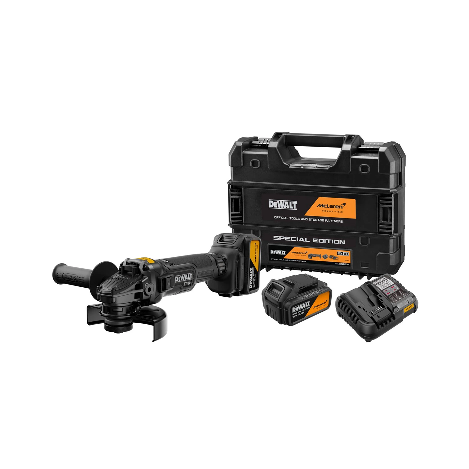 DeWALT X MCLAREN DCG45MP2T-QW 18V XR accu haakse slijper set (2x 5.0Ah accu + lader) - 125mm-image