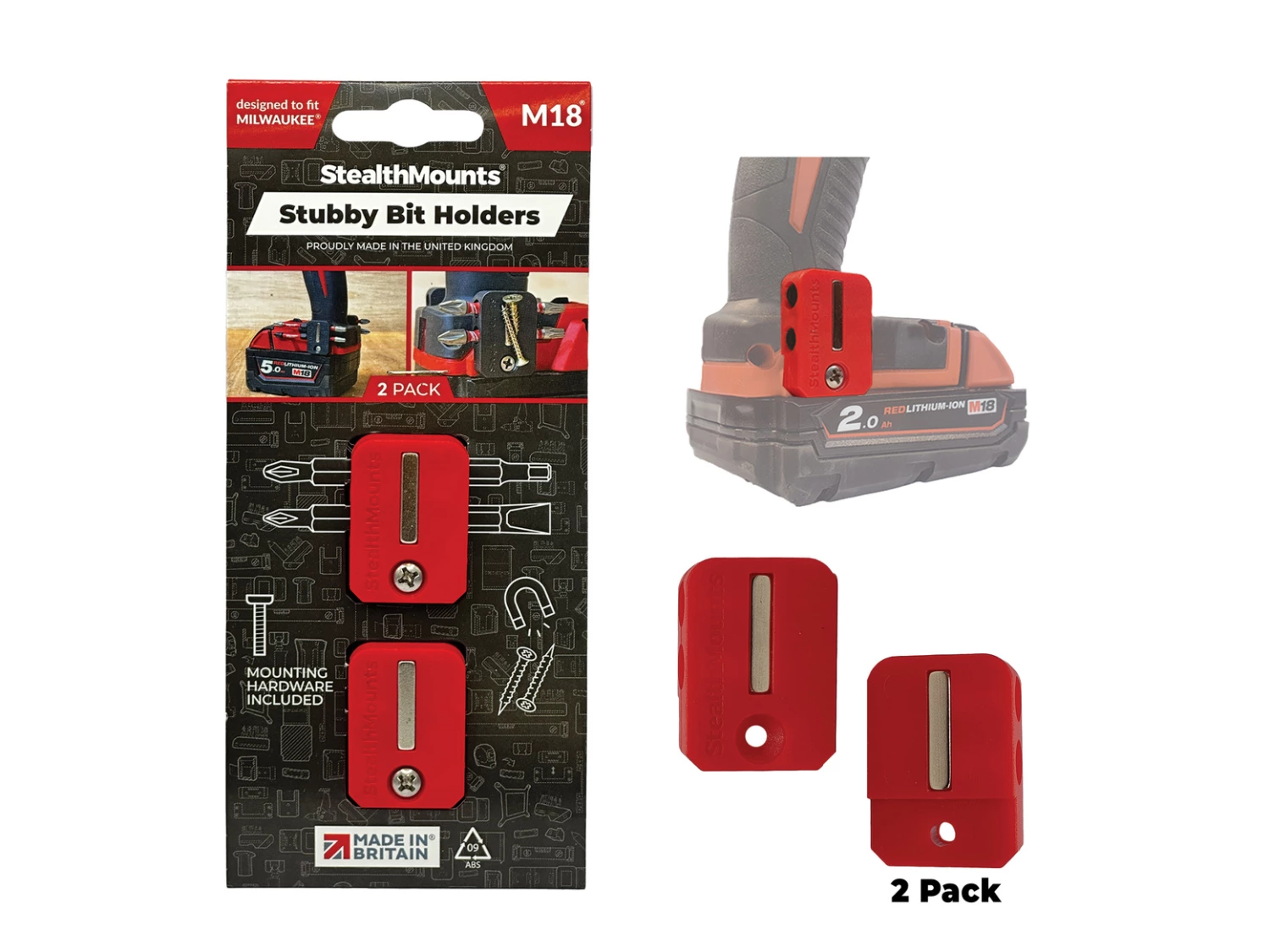 StealthMounts BH-M18-S-RED-2 Stubby magnetische bithouder voor machines Milwaukee M18 - Rood - 2 stuks-image