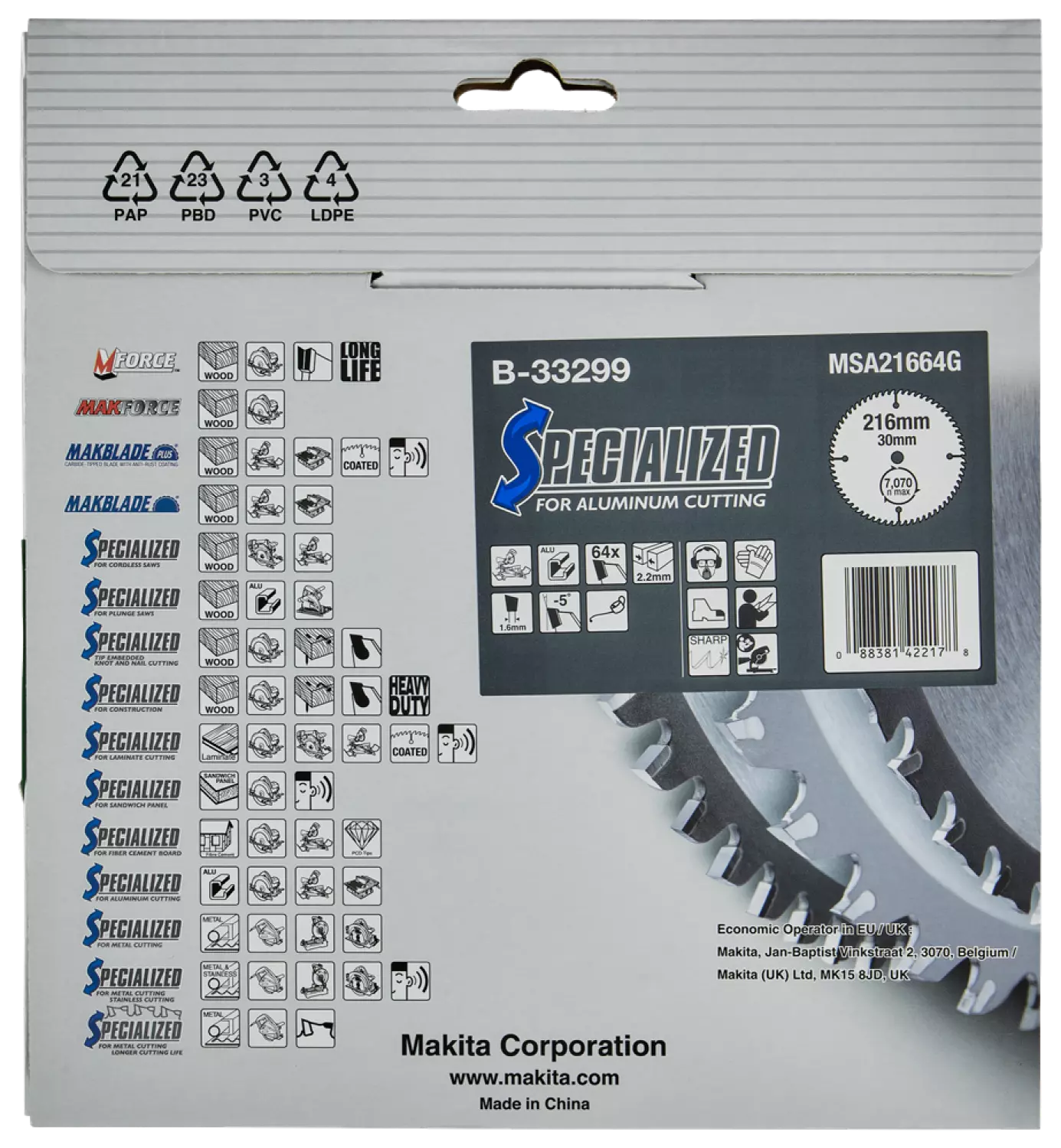 Makita B-33299 Lame de scie circulaire - Aluminium Specialised - 216x30x2,2mm - 64T-image