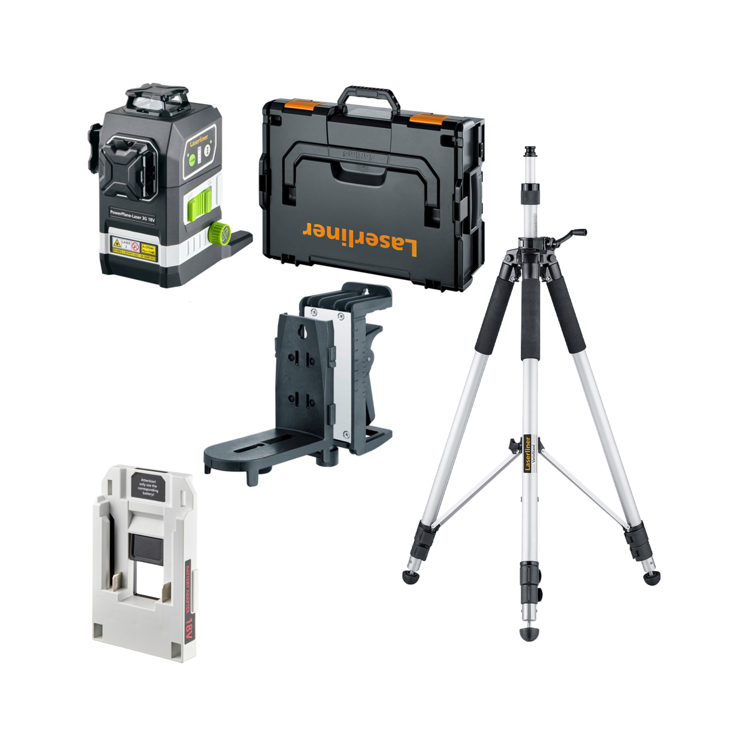 Laserliner PowerPlane-Laser 3G Multi-18V Kruislijnlaser in L-Boxx - 3 lijnen - groen - 60m - IP54 + VarioStand L laserstatief + Bosch adapter-image