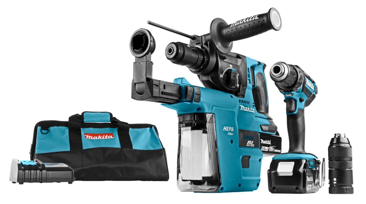 Makita DLX2168TV 18V Li-Ion Perceuse-visseuse (DDF482) & Perfo-burineur (DHR243) combination (2x 5.0Ah accu) - en étui-image