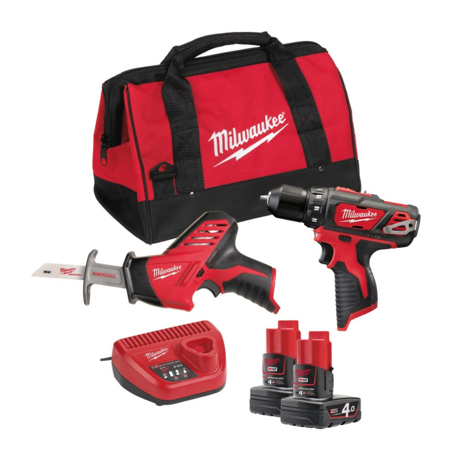 Milwaukee M12 BPP2C-402B PowerPack 12V Li-Ion accu boor-/schroefmachine (M12 BDD) & reciprozaag (C12 HZ) combiset (2x 4.0Ah accu) in tas-image