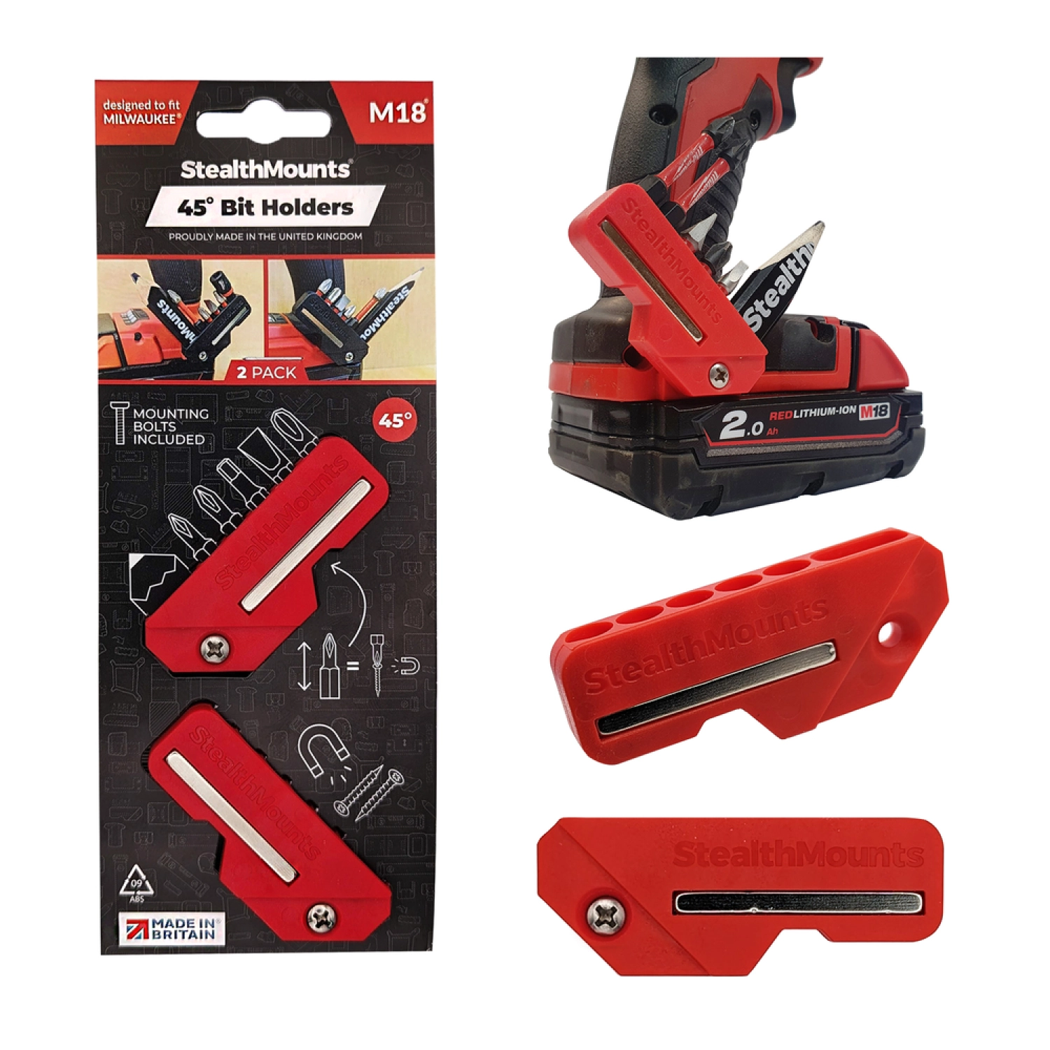 StealthMounts BH-M18-45-RED RED 45° magnetische bithouder voor Milwaukee M18 - Rood - 2-pack-image