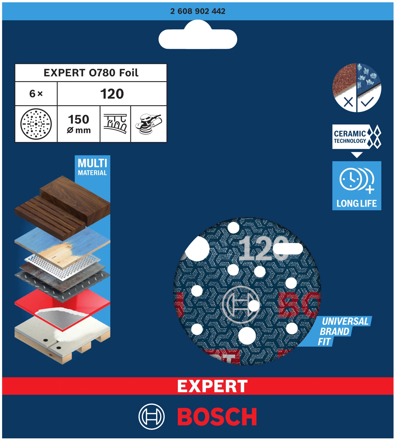 Bosch 2608902442 Disque abrasif EXPERT O780 avec support film - 150 mm - K120 (6 pièces)-image