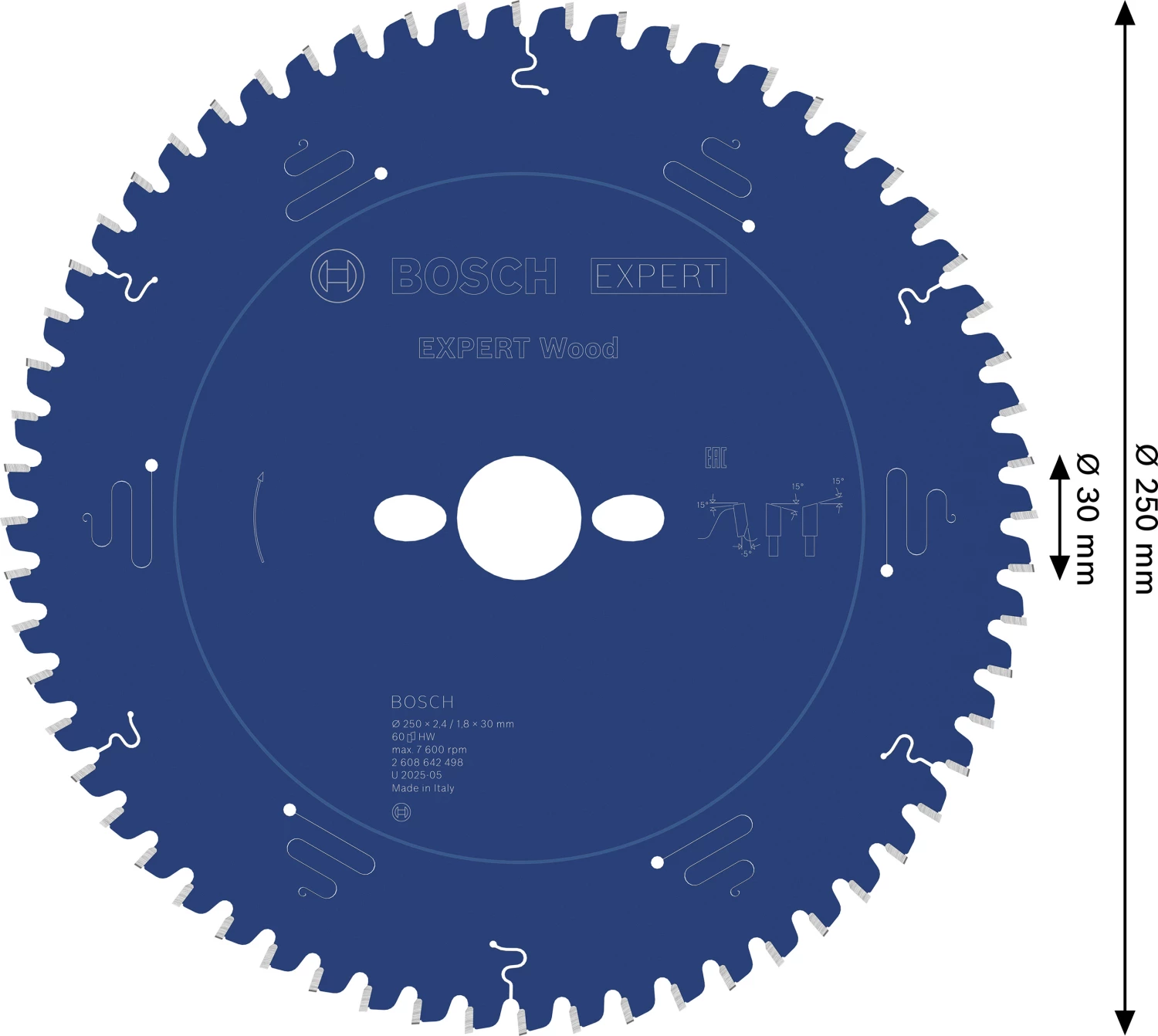 Bosch 2608642498 - Lame de Scie Circulaire Expert pour Wood, 250 x 30 x 2,4 mm, 60D-image