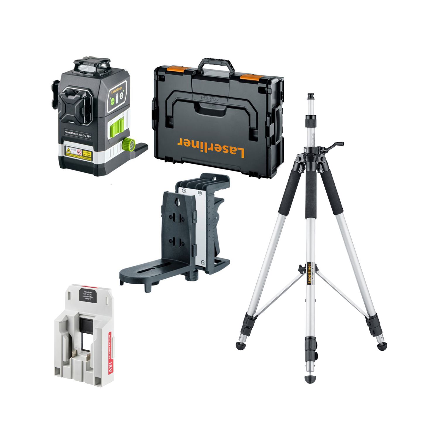 Laserliner PowerPlane-Laser 3G Multi-18V Kruislijnlaser in L-Boxx - 3 lijnen - groen - 60m - IP54 + VarioStand L laserstatief + Milwaukee adapter-image