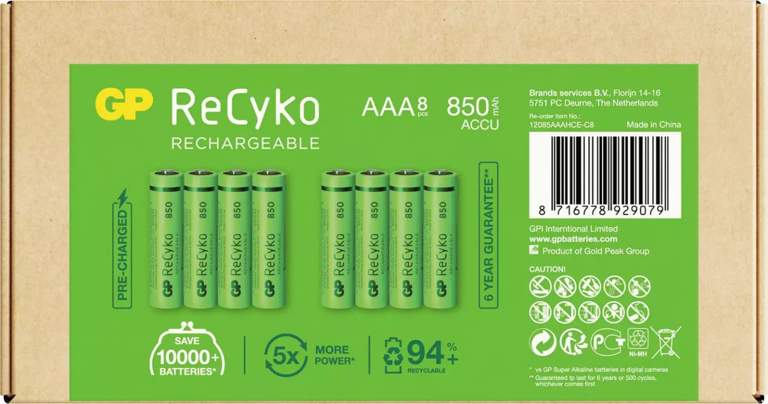 GP NiMH 850 mAh ReCyko Oplaadbaar batterij 1,2V (8st) - AAA  - 12085AAAHCE-C8