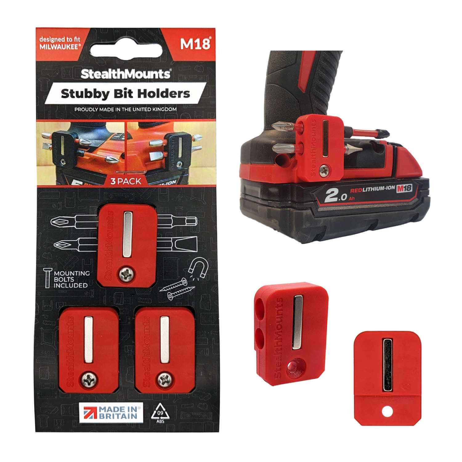 StealthMounts BH-M18-S-RED RED Stubby magnetische bithouder voor Milwaukee M18 - Rood - 3-pack-image