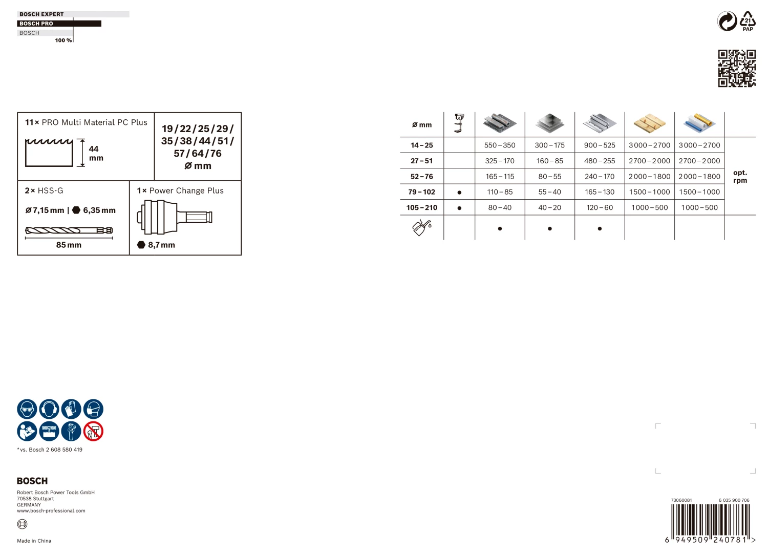 Bosch 2608594434 PRO Jeu de 14 scies-cloches PC Plus multi-matériaux - 19, 22, 25, 29, 35, 38, 44, 51, 57, 64, 76 mm-image