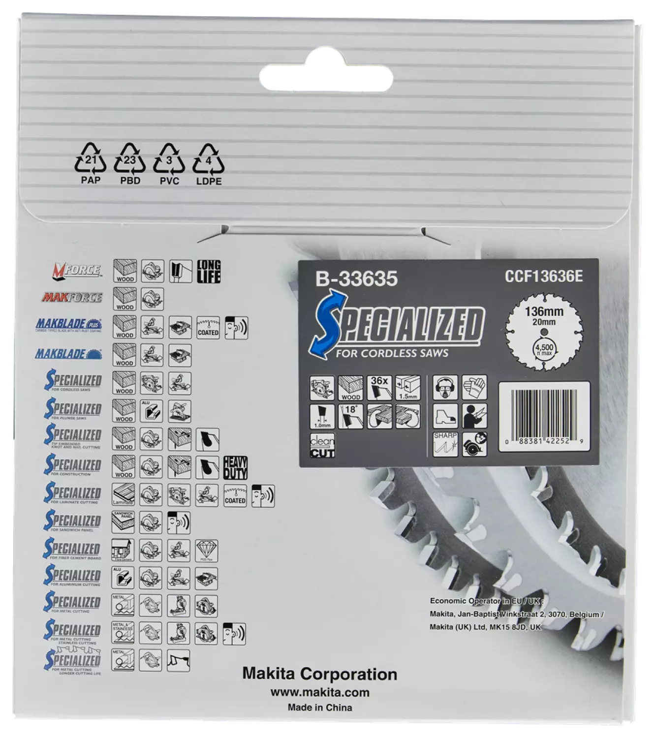 Makita B-33635 Cirkelzaagblad - Hout - Specialized - 136x20x1,5mm - 36T-image