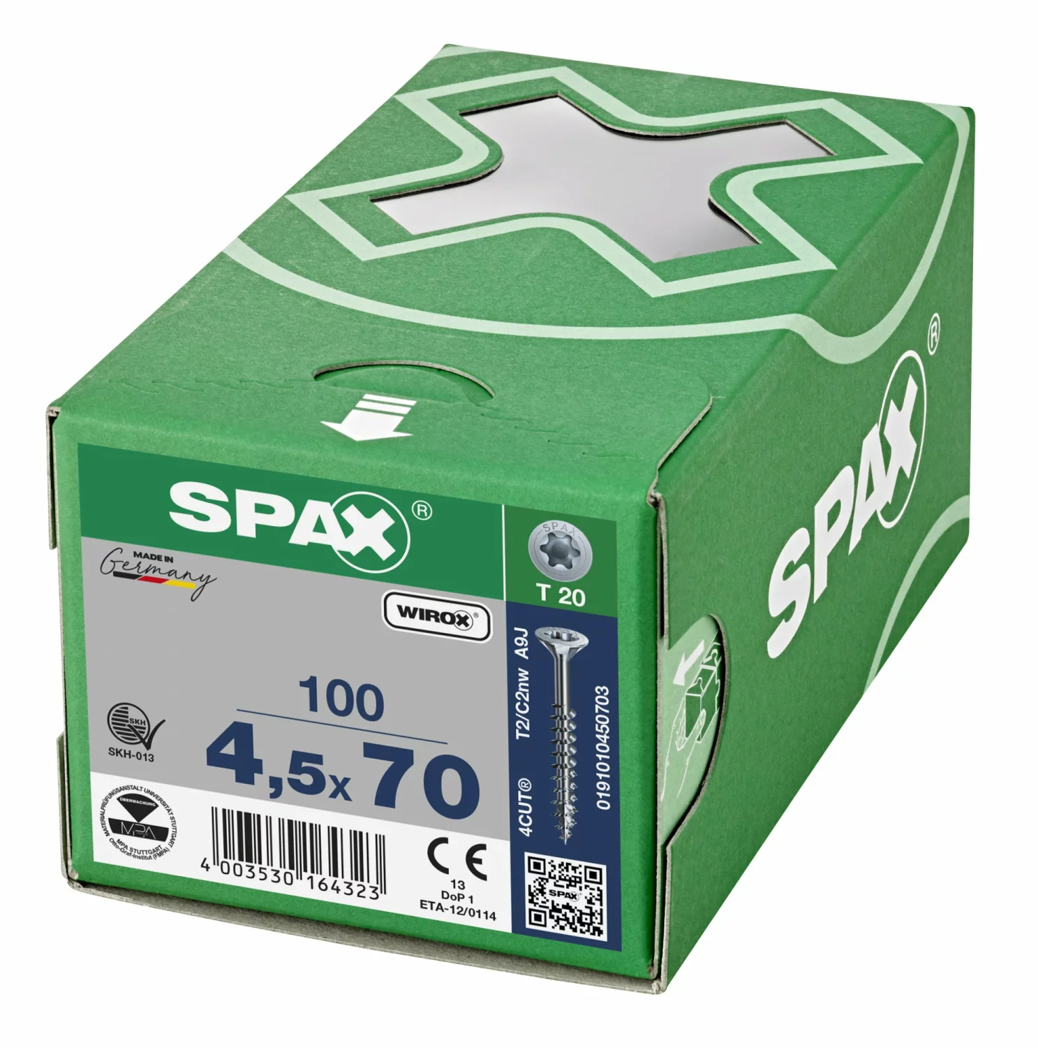 SPAX 191010450703 - Vis universelle, 4,5 x 70 mm, 100 pièces, Filetage partiel, Tête fraisée, T-STAR plus T20, 4CUT, WIROX-image