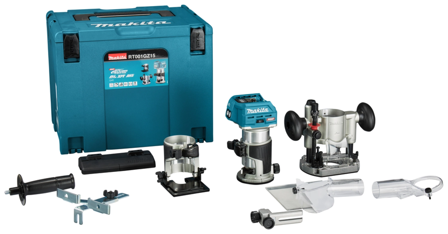 Makita RT001GZ15 XGT 40V Max Li-ion Accu Boven- en kantenfrees body met diverse voeten in Mbox met geleiderail adapter-image