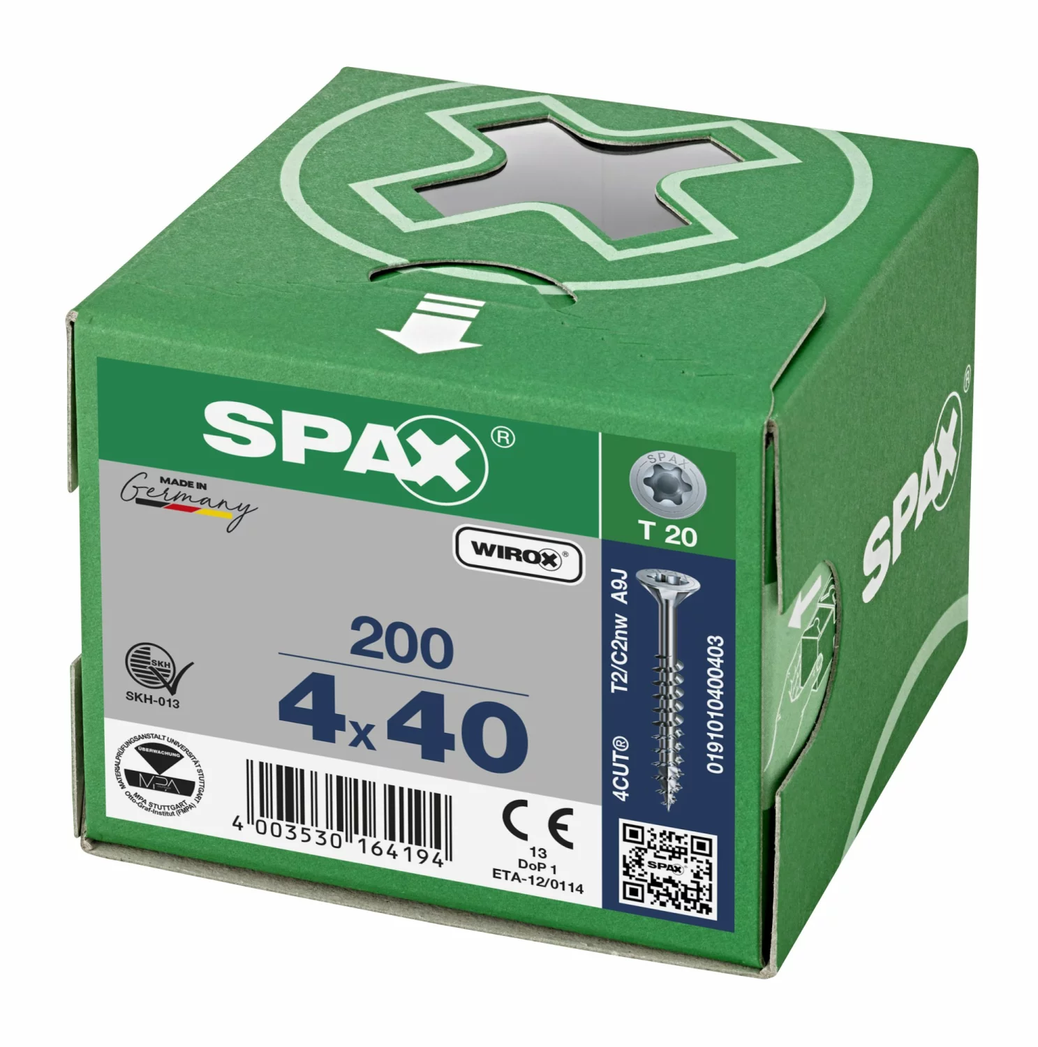 SPAX 191010400403 - Vis universelle, 4 x 40 mm, 200 pièces, Filetage partiel, Tête fraisée, T-STAR plus T20, 4CUT, WIROX-image