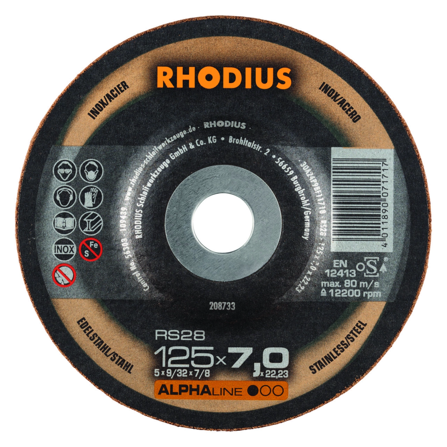 Rhodius ALPHAline I RS28 Afbraamschijf - 125 x 22,23 x 7mm - RVS/Staal (25 st)-image