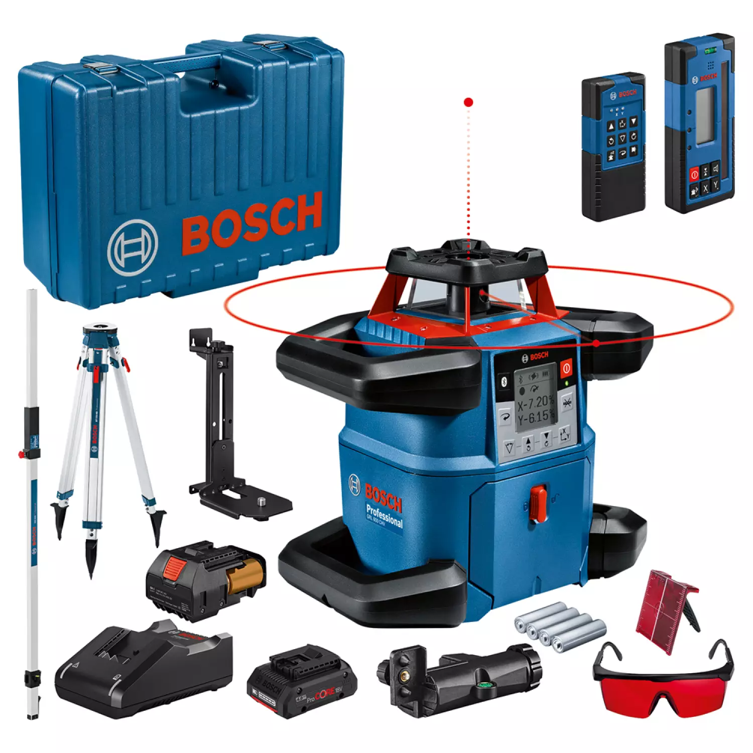Bosch 06159940P5 - Laser rotatif GRL 600 CHV, récepteur laser LR 60 avec support RB 60, télécommande RC 6, fixation murale WM 6, 1x batterie GBA ProCORE18V 4,0Ah, chargeur rapide GAL 18V-40, adaptateur BA 1, 4x batteries D, 4x batteries AA, lunettes de sé