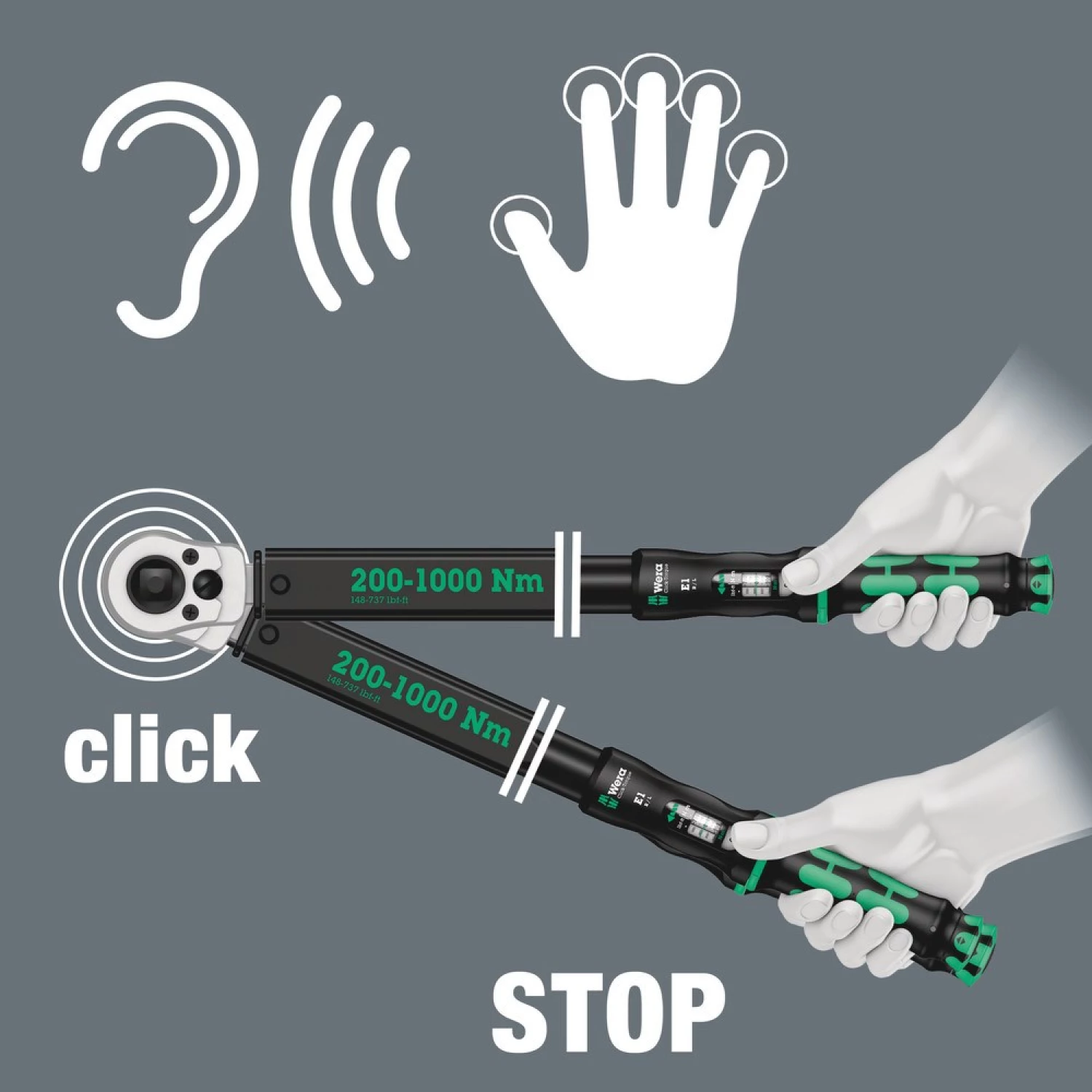 Wera 05075631001 Click-Torque E 1 Push R/L Draaimomentsleutel - 200-1000 Nm - doorsteekvierkant 3/4" - Rechts/Links-image