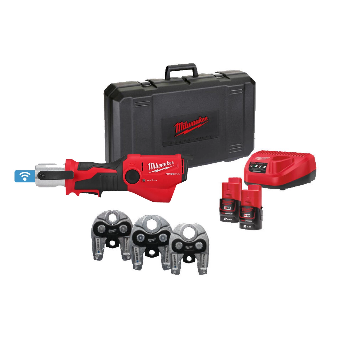 Milwaukee M12 ONEHPT-202C Kit de pince à sertir hydraulique avec batterie Li-ion 12 V (2 batteries 2,0 Ah) dans un coffret - Kit Geberit Mapress-image