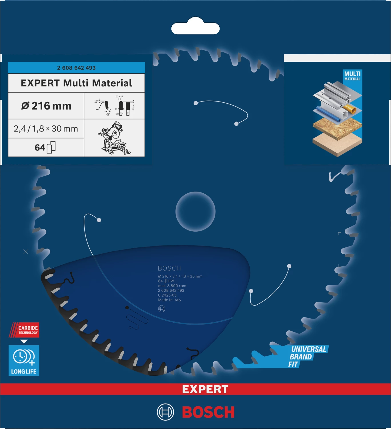 Bosch 2608642493 - Lame de Scie Circulaire Expert pour Multi Material, 216 x 30 x 2,4 mm, 64D-image