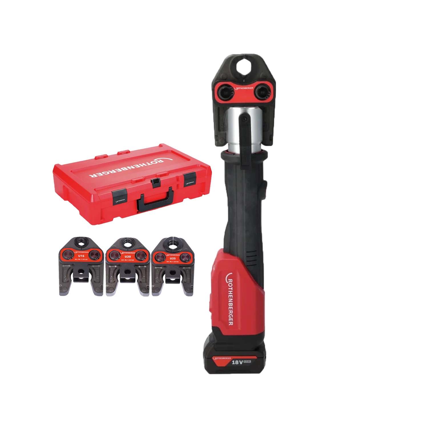 Rothenberger 1000004170 Romax 4000 Kit de tiges de sertissage à batterie 18 V (1 batterie 4,0 Ah + chargeur) avec mâchoire en U - 16-20-25 mm - AMPShare