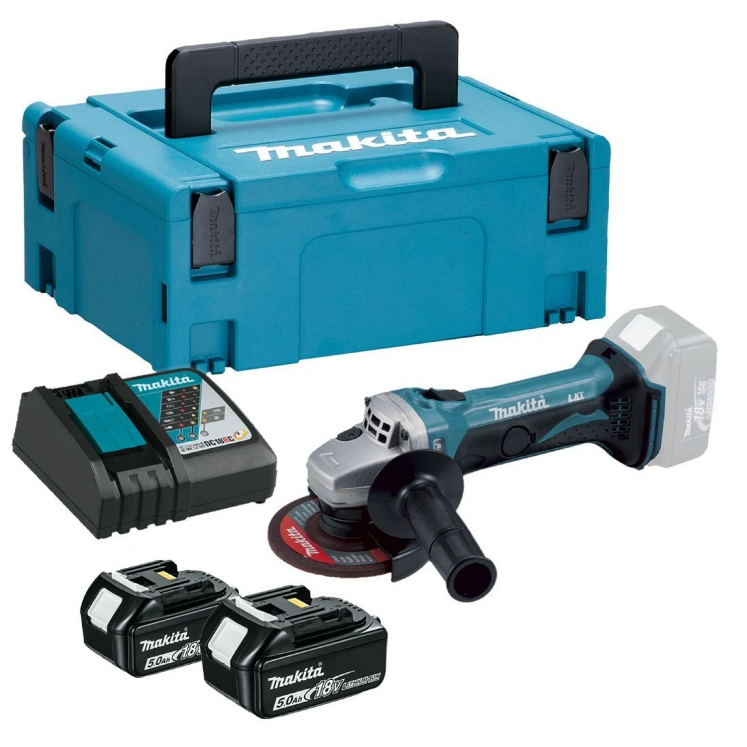 Makita DGA452RTJ 18V Li-ion Accu haakse slijper set (2x 5.0Ah accu) in Mbox - 115mm-image