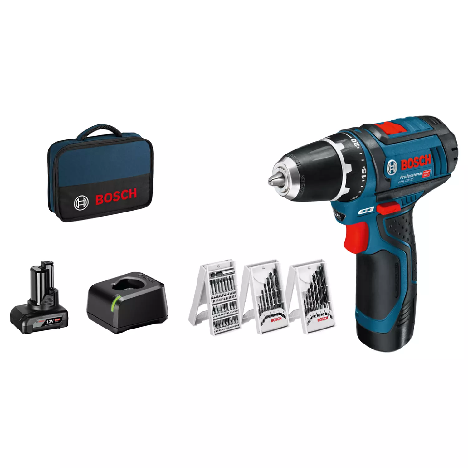 Bosch GSR 12V-15 12V Li-Ion accu boor-/schroefmachine set (1x 4.0Ah + 1x 2.0Ah accu) in tas incl. 39-delige accessoireset-image