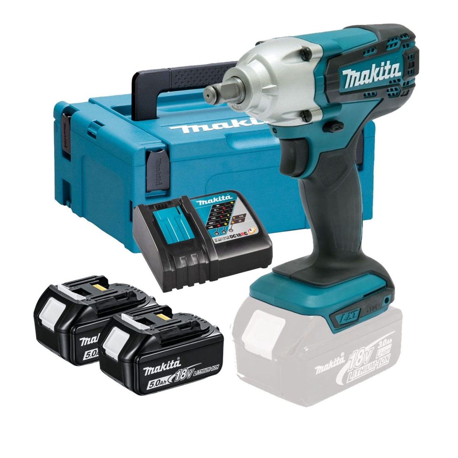 Makita DTW190RTJ 18V Li-Ion Accu slagmoersleutel set (2x 5.0Ah accu) in Mbox - 190Nm - 1/2" - koolborstelloos-image