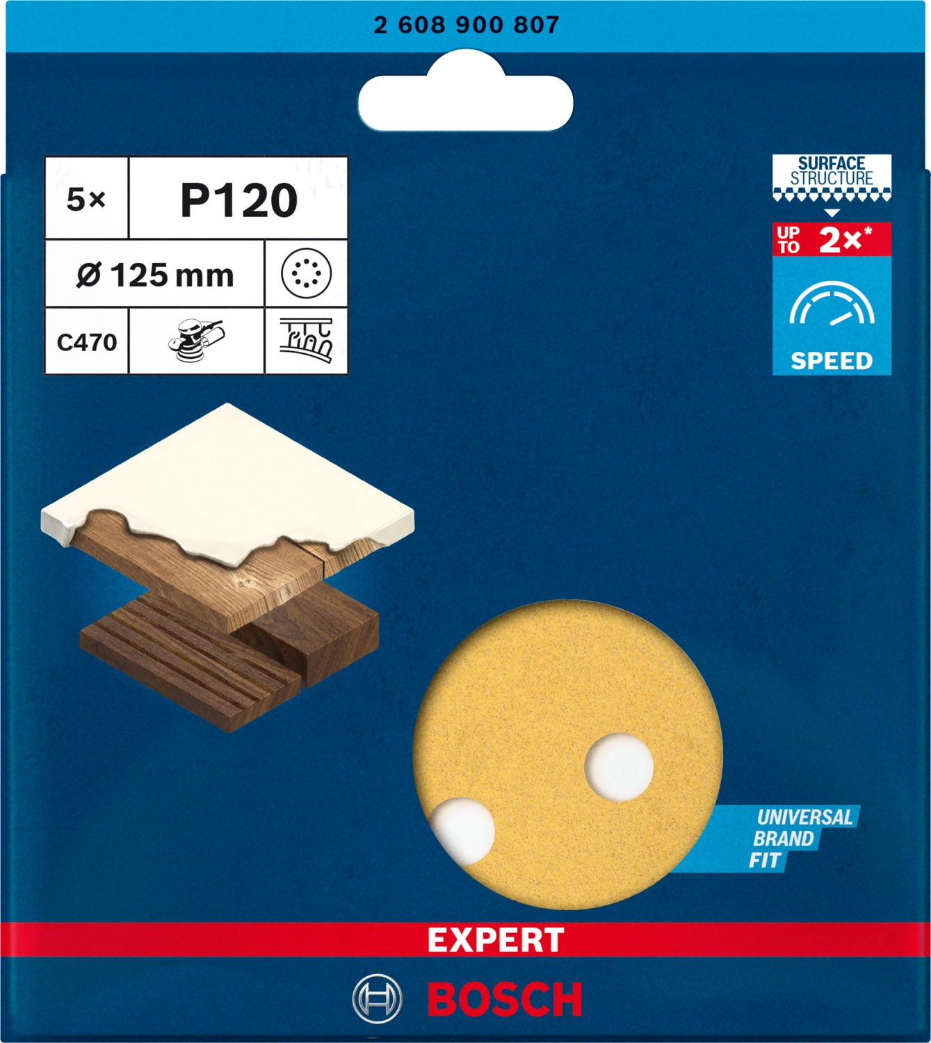 Bosch EXPERT 2608900807 - EXPERT Abrasif C470 Best for Wood and Paint, diamètre 125 mm, grain 120, 8 trous, 5x-image