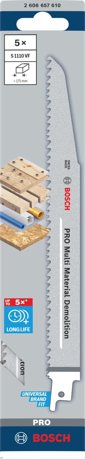 Bosch PRO S1110VF Lame de scie sabre pour démolition - 225 mm - multi-matériaux (5 pièces)-image