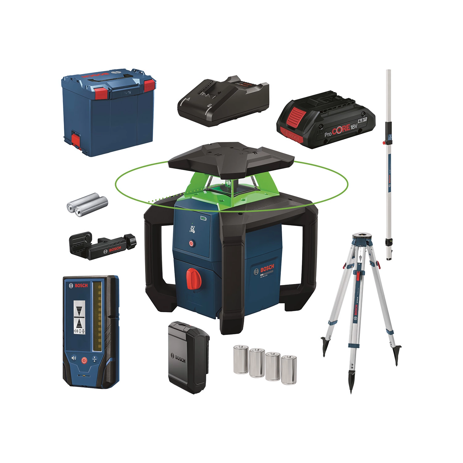 Bosch GRL 18V-3-31 G Roterende laser set incl. statief, meetlat, ontvanger en 18V accu in L-Boxx - groen - 30m - 1x 360° - IP66-image