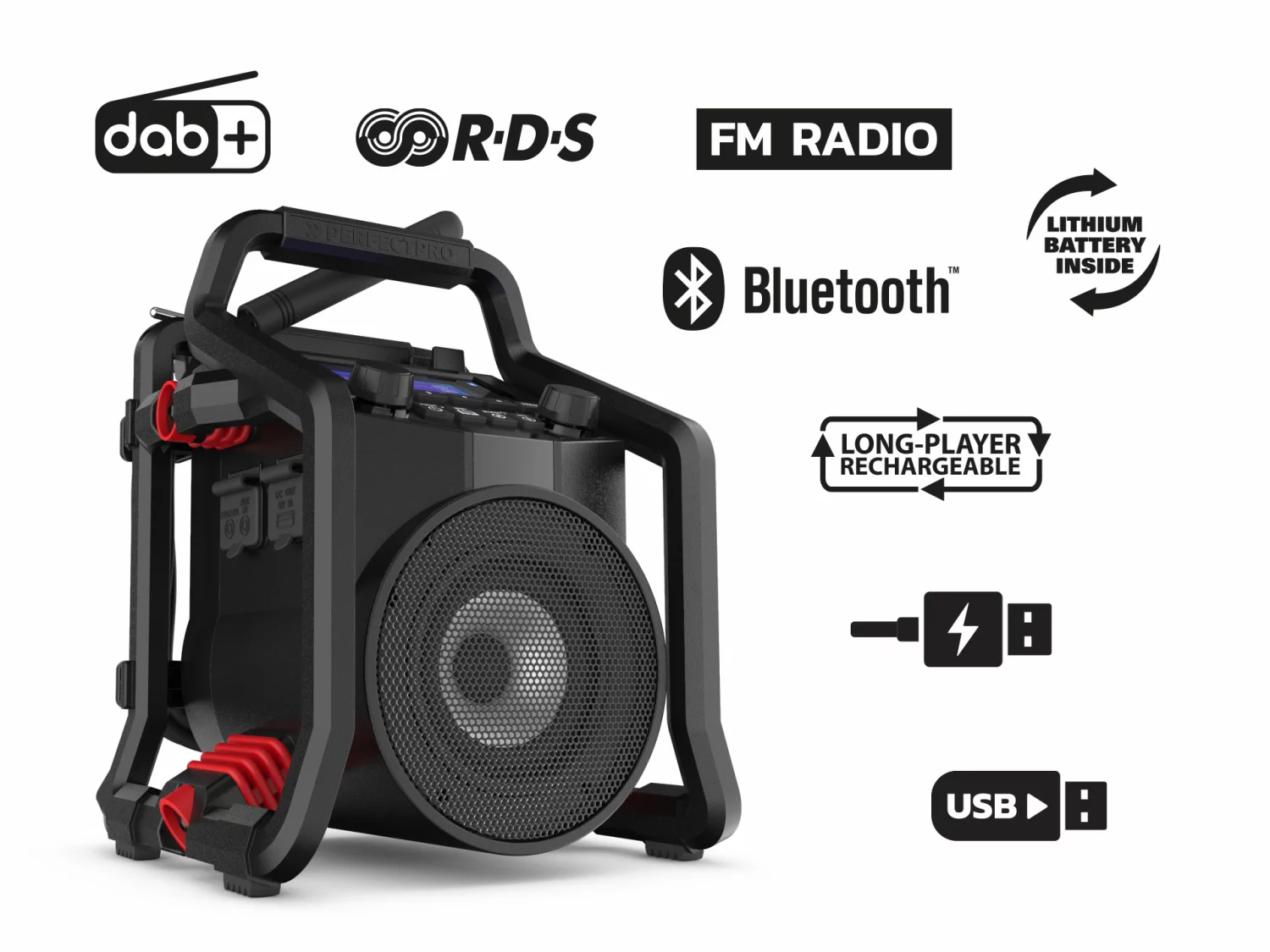 PerfectPro POWERPLAYER PP2 Bouwradio - FM RDS - DAB+ - bluetooth - USB - AUX-In - Oplaadbaar (ingebouwde Lithium accu)-image