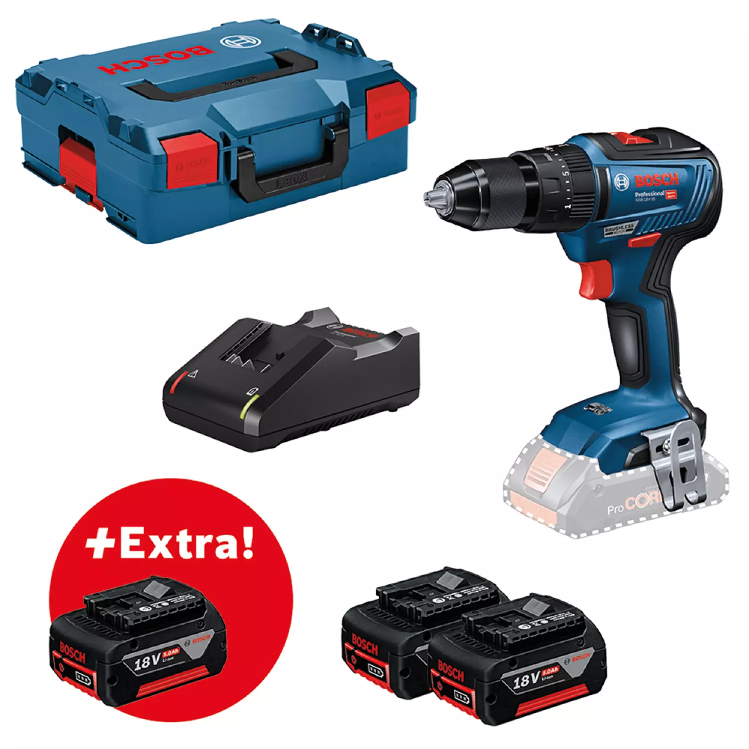Bosch 0615990L86 - Set perceuse à percussion Li-Ion 18V (3x batterie 5,0Ah) dans L-Boxx - moteur brushless - 85Nm-image