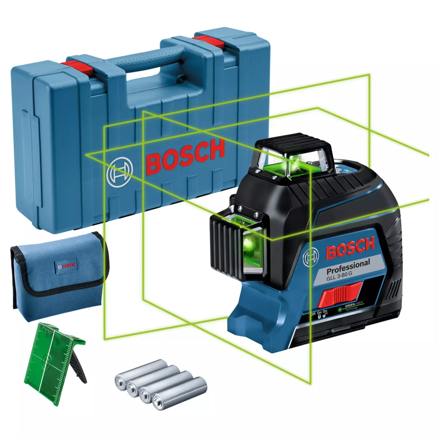 Bosch 0601063Y00 - Laser ligne GLL 3-80 G, pochette de protection, mire rouge, 4x batteries AA, coffre-image