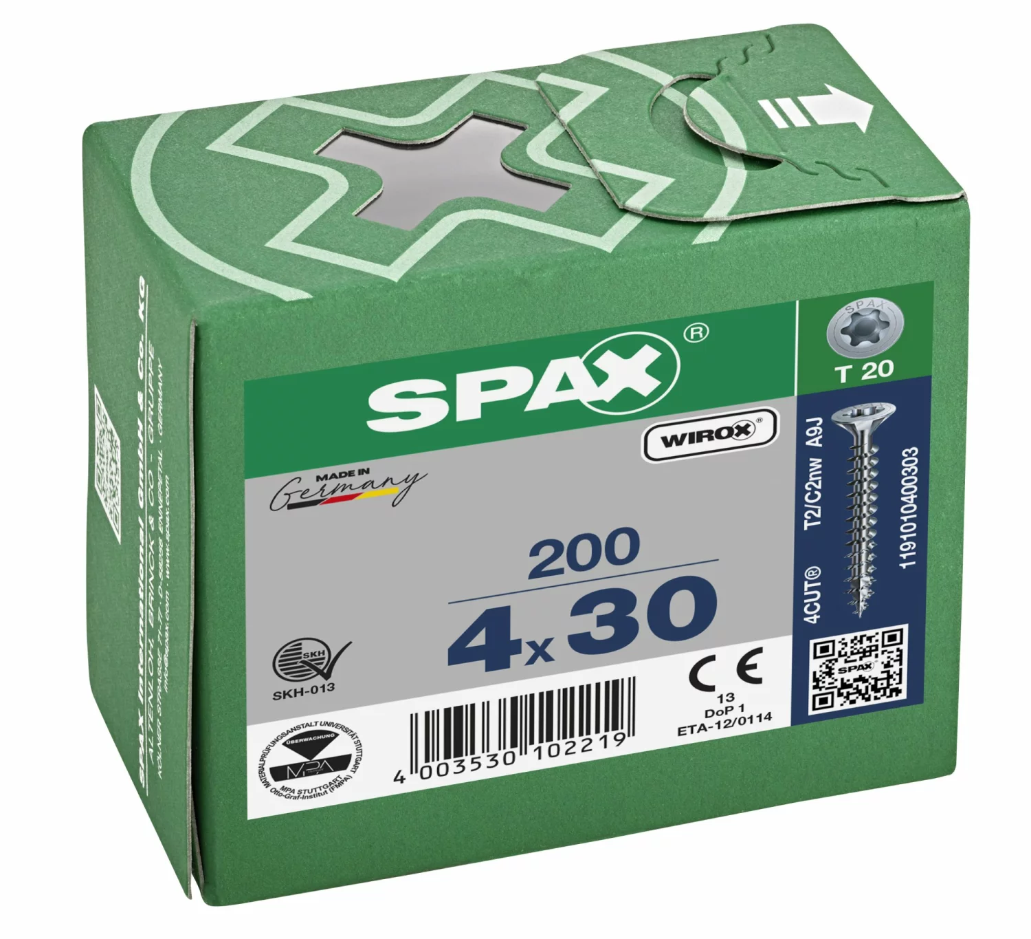 SPAX 1191010400303 - Vis universelle, 4 x 30 mm, 200 pièces, Tête centrante, Tête fraisée, T-STAR plus T20, 4CUT, WIROX