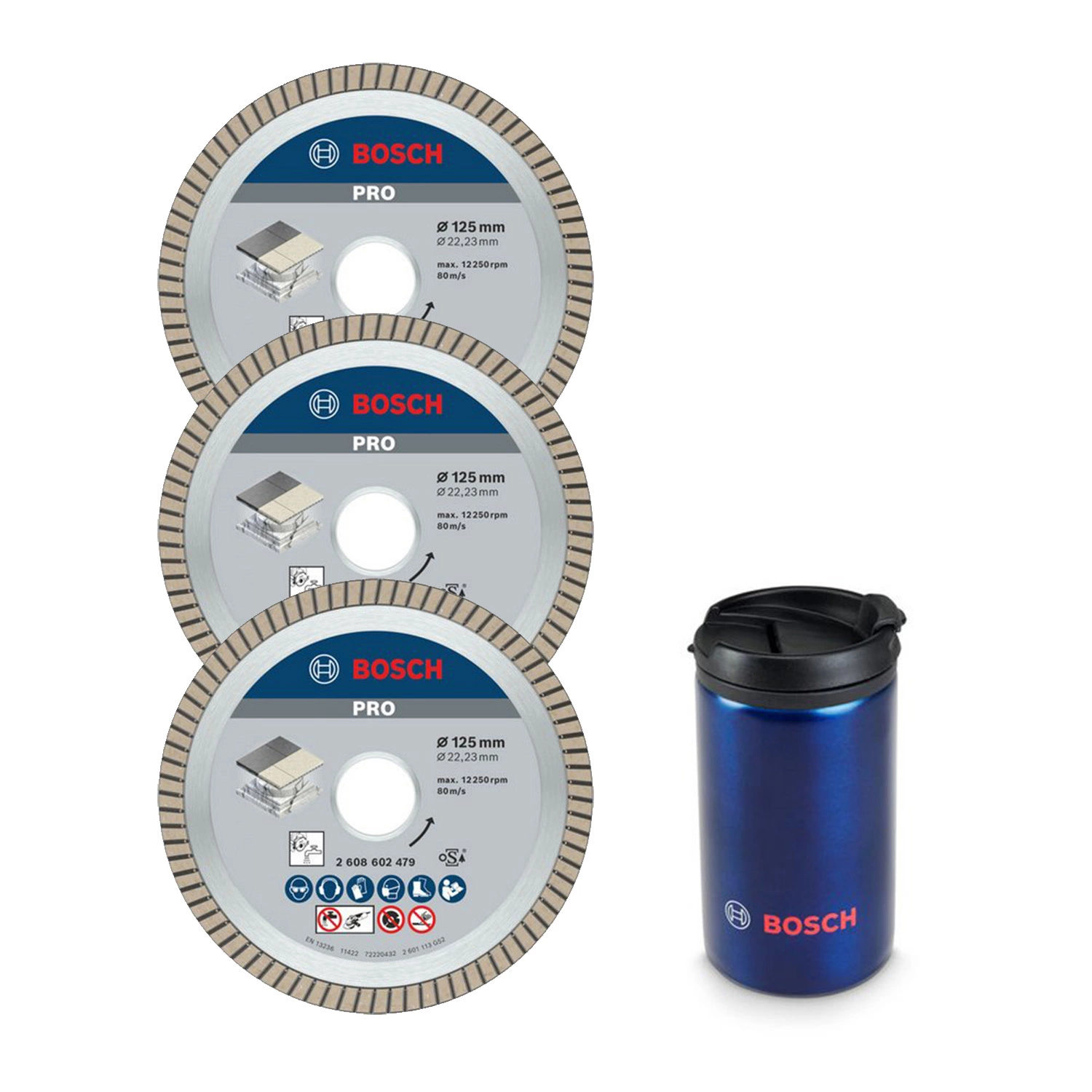 Bosch 615997670 PRO Disques diamantés pour carrelage (3 pièces) - 125 mm - avec thermo mug-image