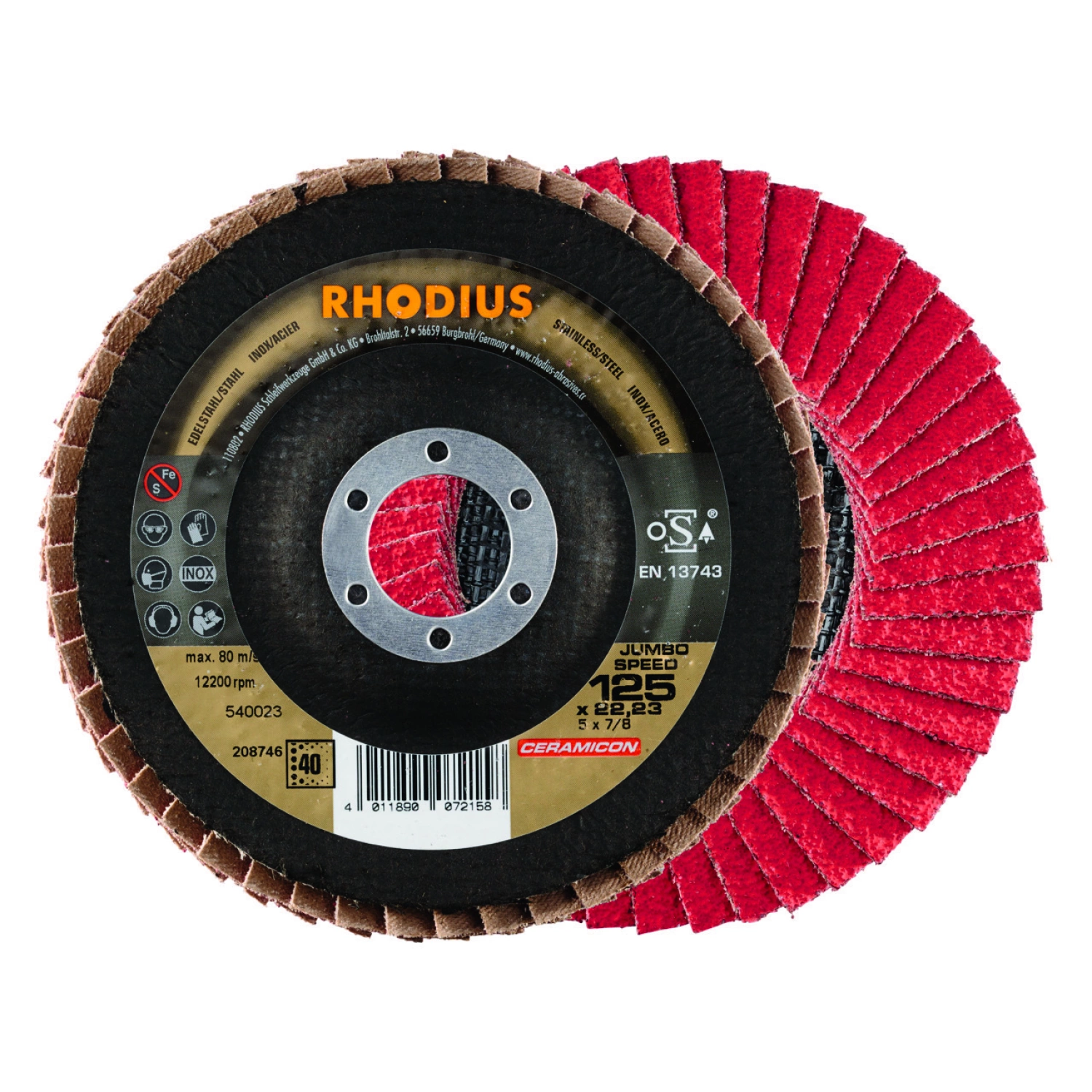 Rhodius 208746 Ceramicon Jumbo Speed Lamellenslijpschijf - K40 - 125 x 22,23mm - RVS/Staal-image