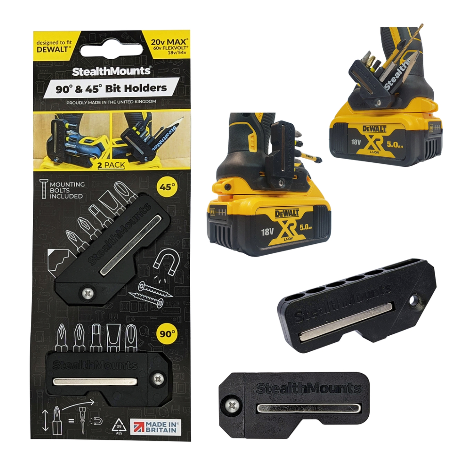 StealthMounts BH-DW-4590-BLK BLACK 4590 45° & 90° magnetische bithouder voor Dewalt - Zwart - 2-pack-image