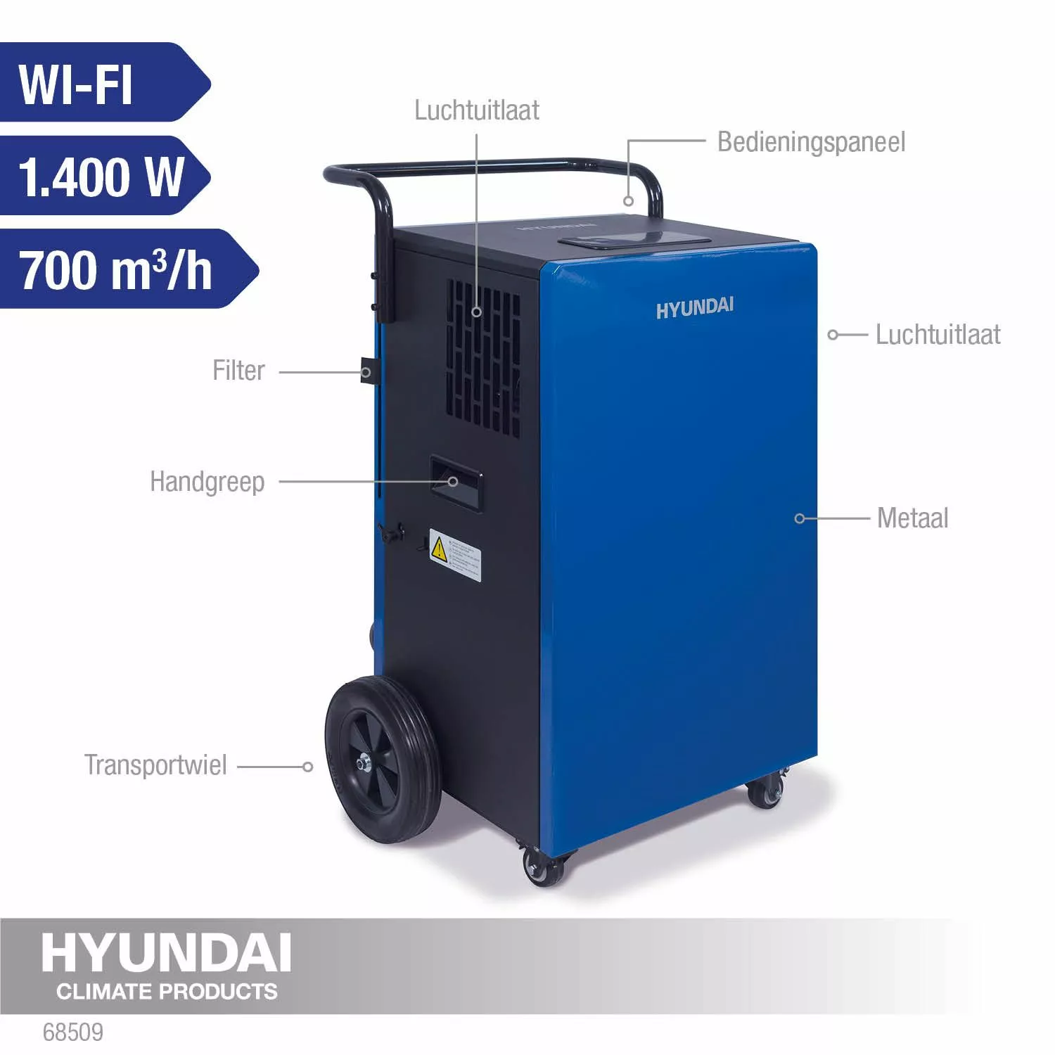 Hyundai 68509 Bouwdroger - 90 liter p/d – 700m3 p/u - met WIFI bediening - 1400W