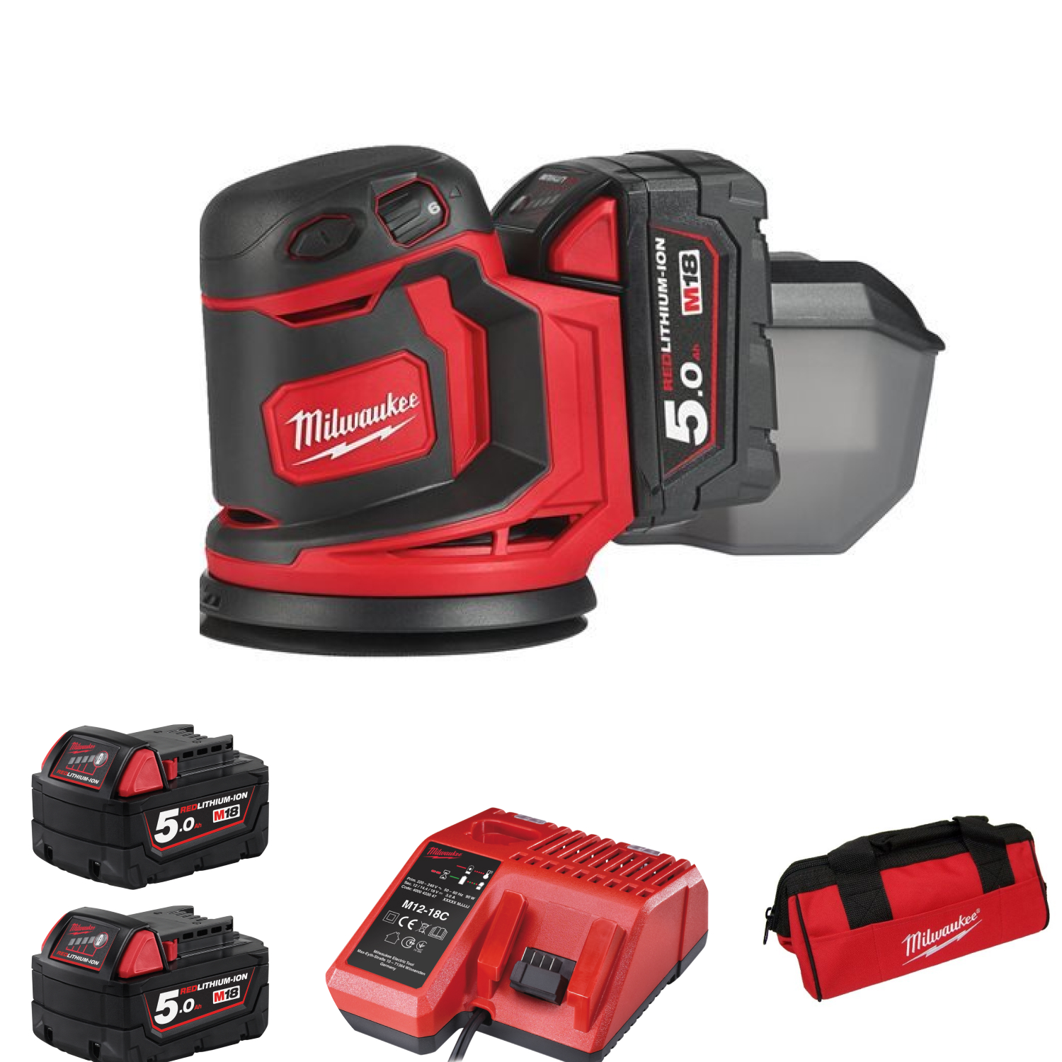 Milwaukee M18 BOS125-502B Set de ponceuse excentrique à batterie Li-Ion (2x batterie 5.0Ah) dans le sac - 125mm-image