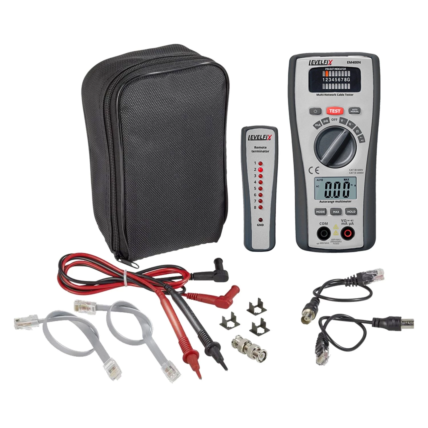 Levelfix EM400N Multimeter/LAN tester in tas - AC/DC 600 V & 10 A - CAT III 600 V-image