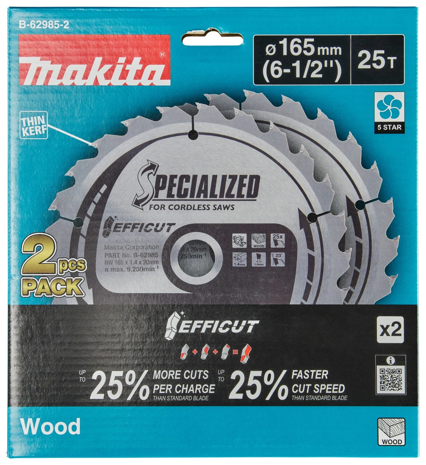 Makita B-62985-2 Lame de scie circulaire Bois - 165x20x1,4mm - 25 Dents - Duo Pack-image