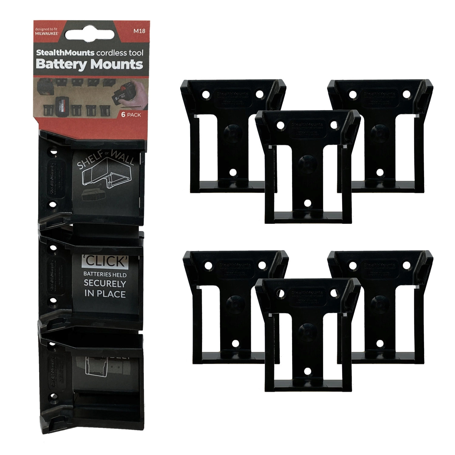 StealthMounts BM-MW18-BLK-6 - Support batterie (6pcs) pour Milwaukee M18 - noir-image