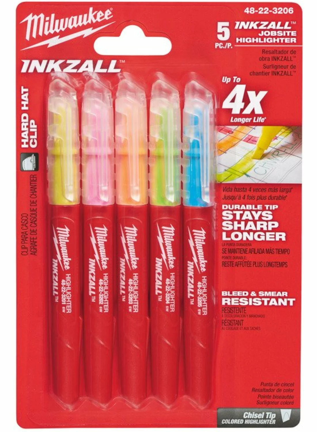 Milwaukee 48223206 INKZALL Marker - Beitel - Fluo Geel/Roze/Oranje/Blauw/Groen (5st)