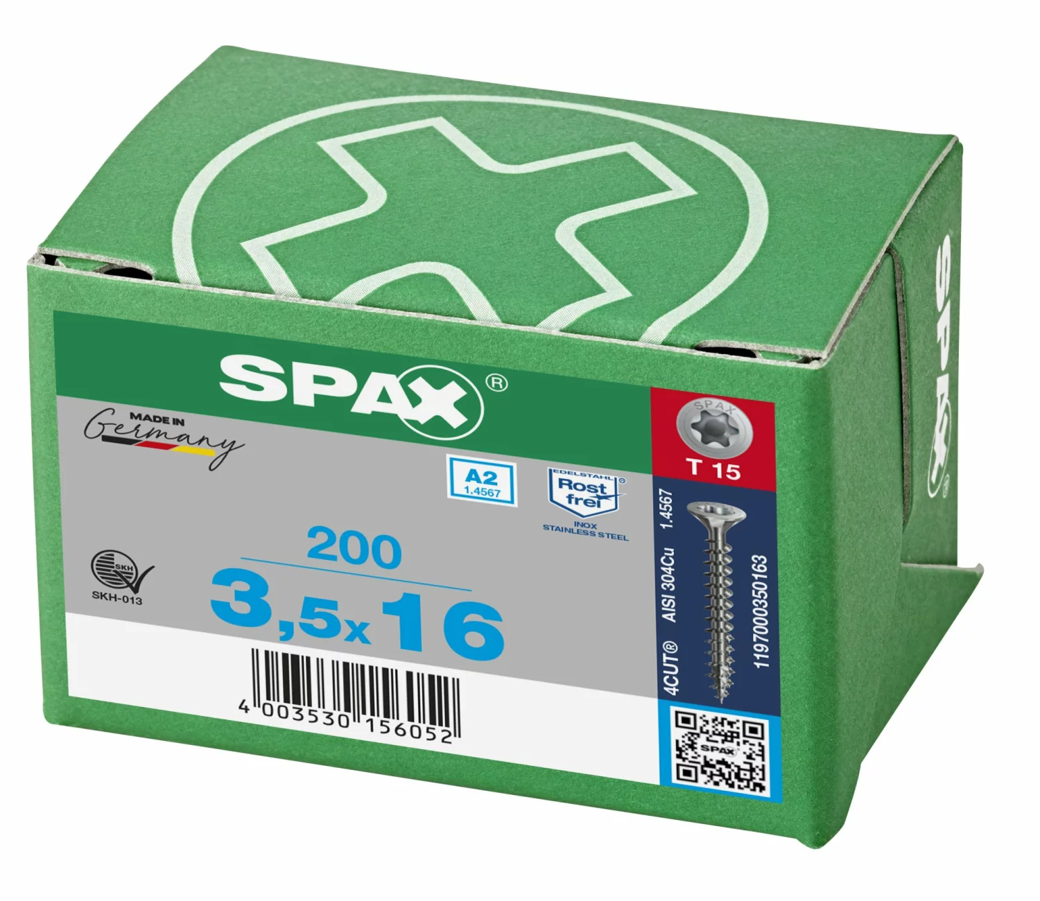 SPAX 1197000350163 Roestvaststalen schroef, Verzonken kop, 3.5 x 16, Voldraad, T-STAR plus T15 - blank - 200 stuks-image