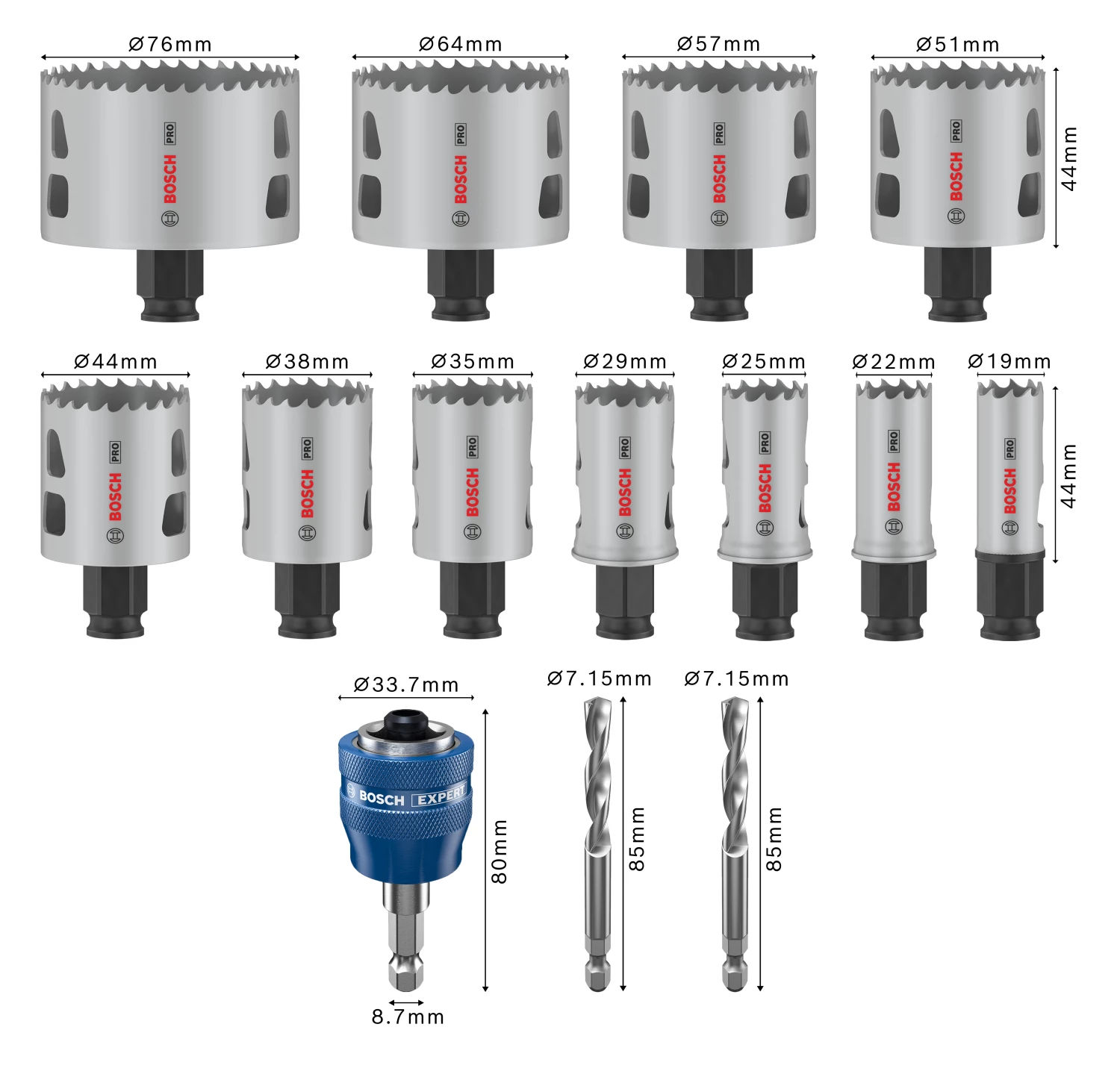 Bosch 2608594434 PRO Jeu de 14 scies-cloches PC Plus multi-matériaux - 19, 22, 25, 29, 35, 38, 44, 51, 57, 64, 76 mm-image