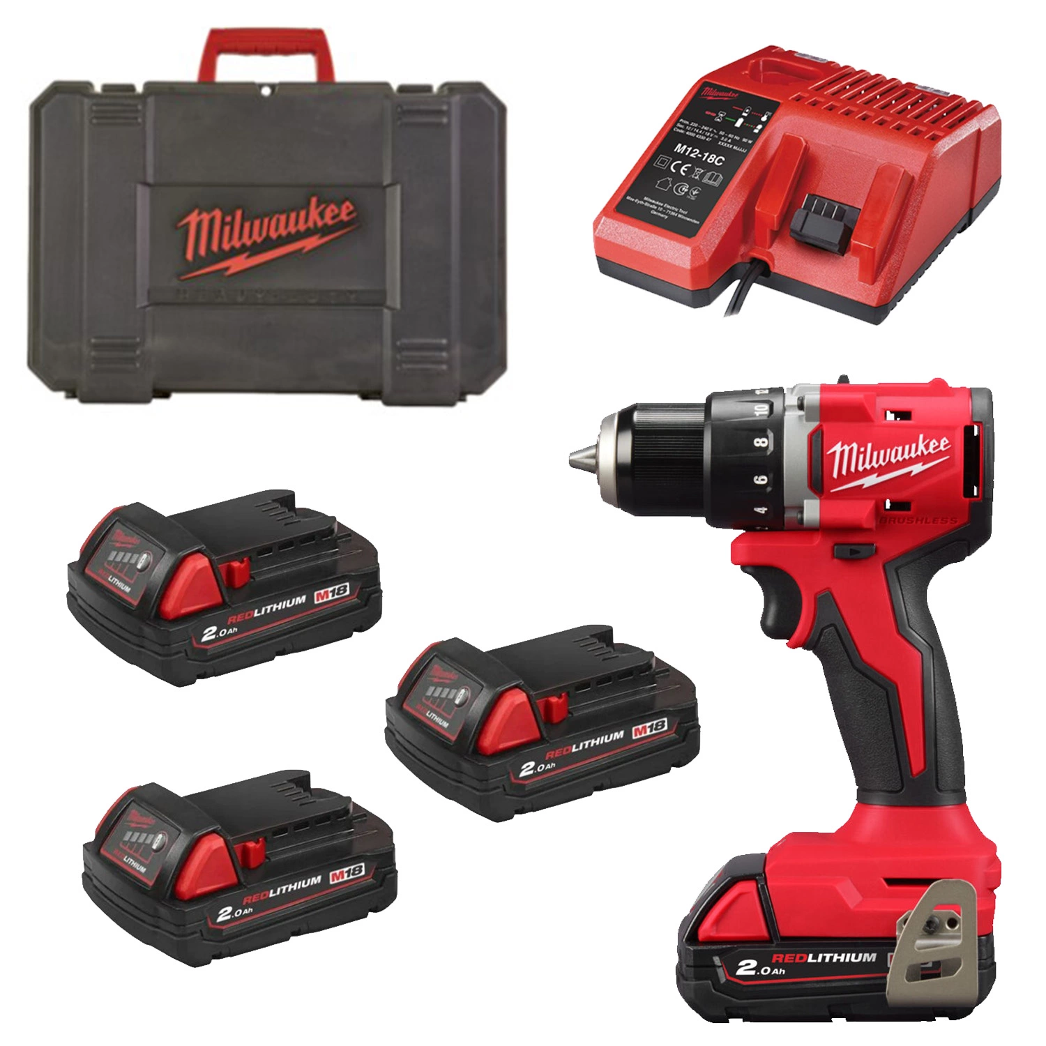 Milwaukee M12 BLDDRC-203C Kit perceuse/visseuse sans fil 12 V Li-ion (3 batteries 2,0 Ah) dans un coffret - 40 Nm-image